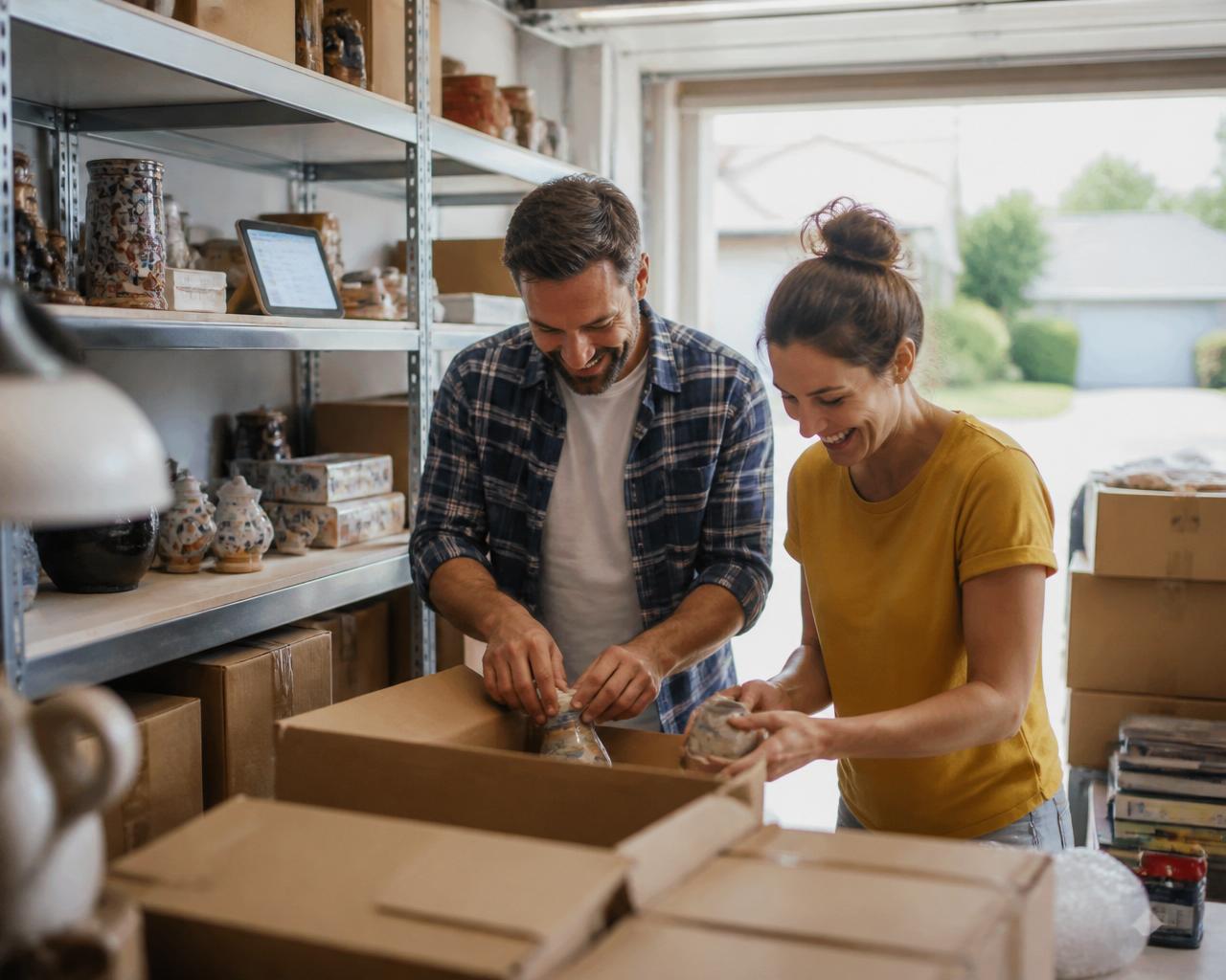 Couple happily packing eBay orders in home garage
