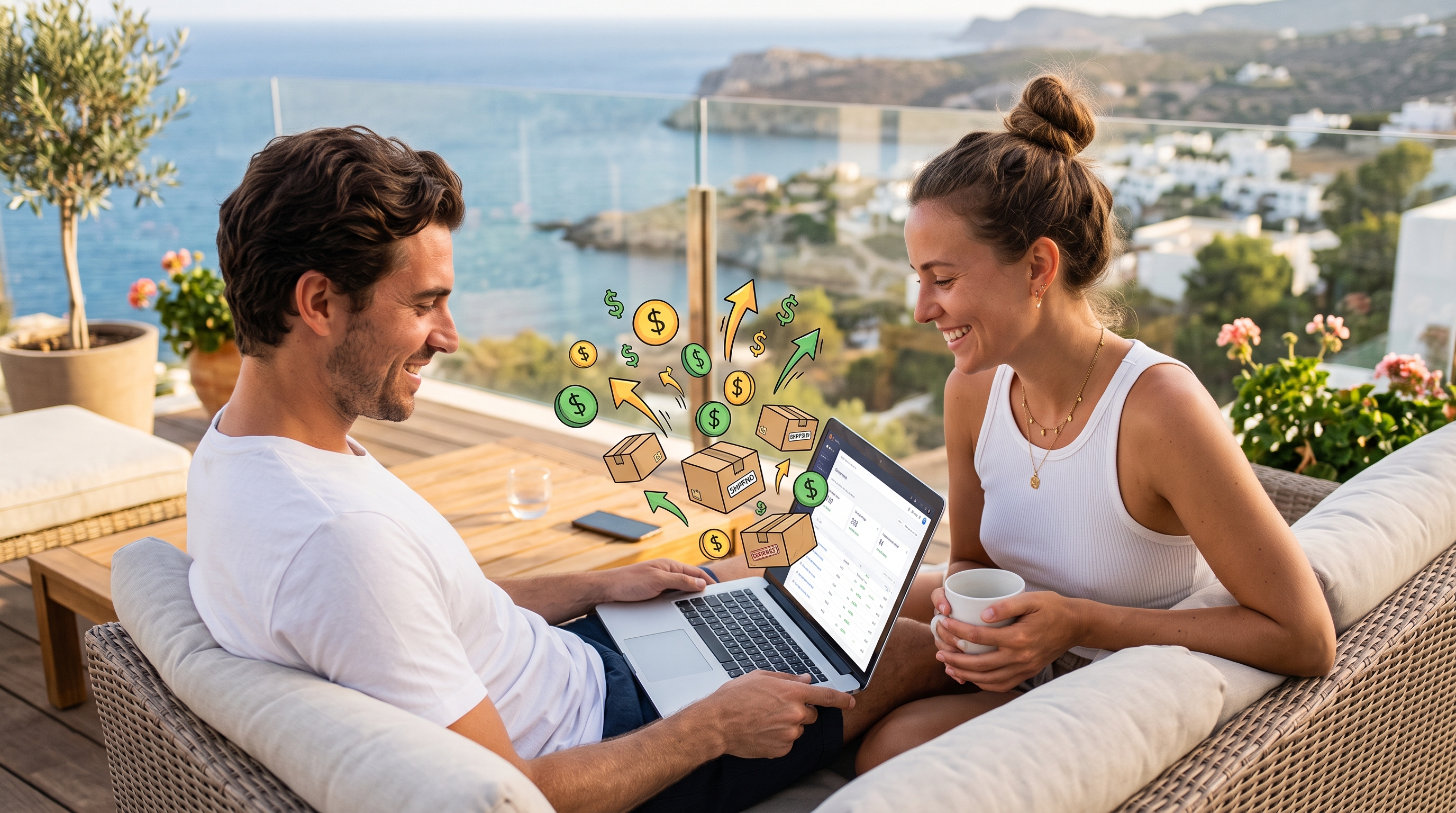 Entrepreneur couple relaxing while their Shopify store earns passive income