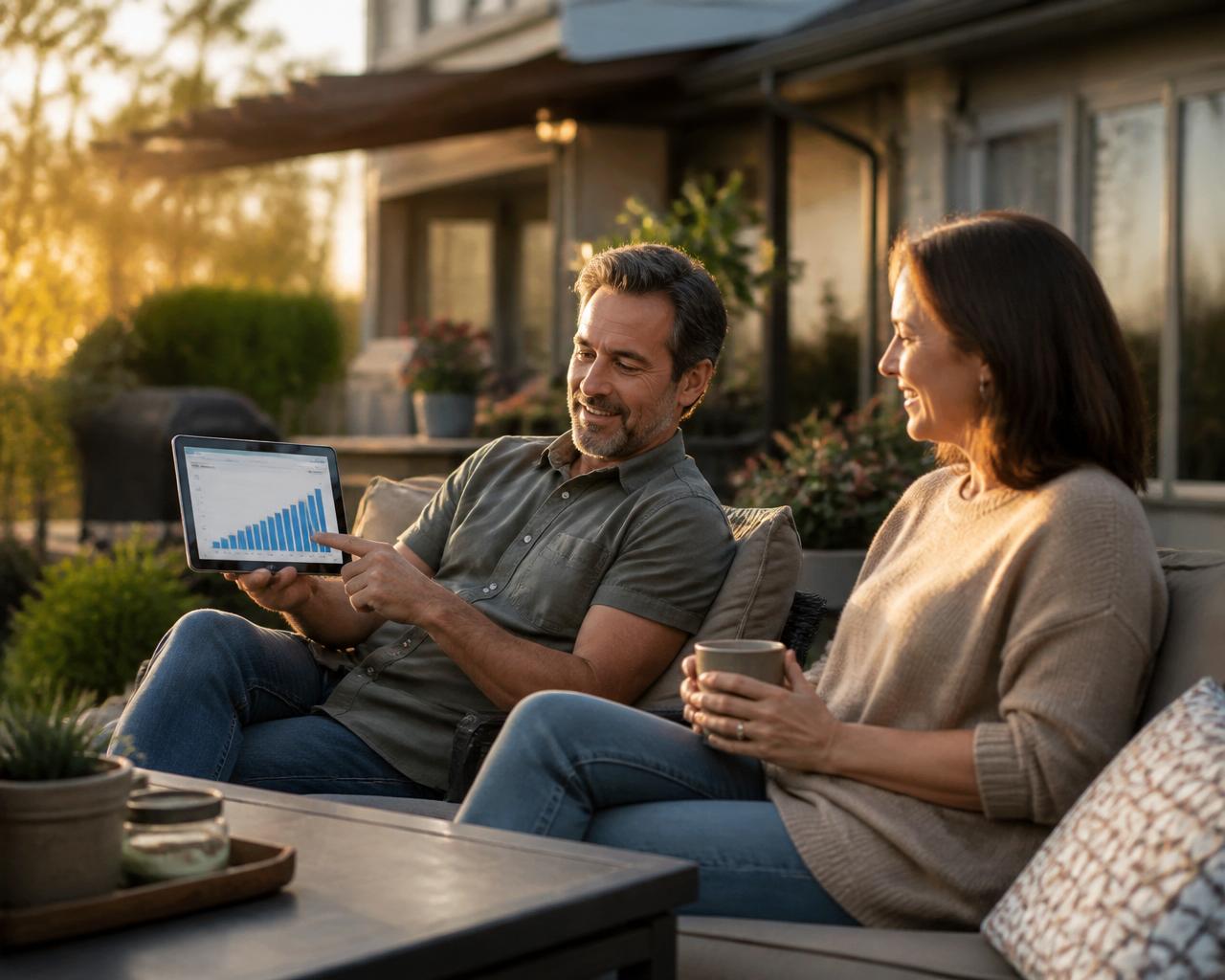 Couple reviewing Walmart marketplace growth on patio